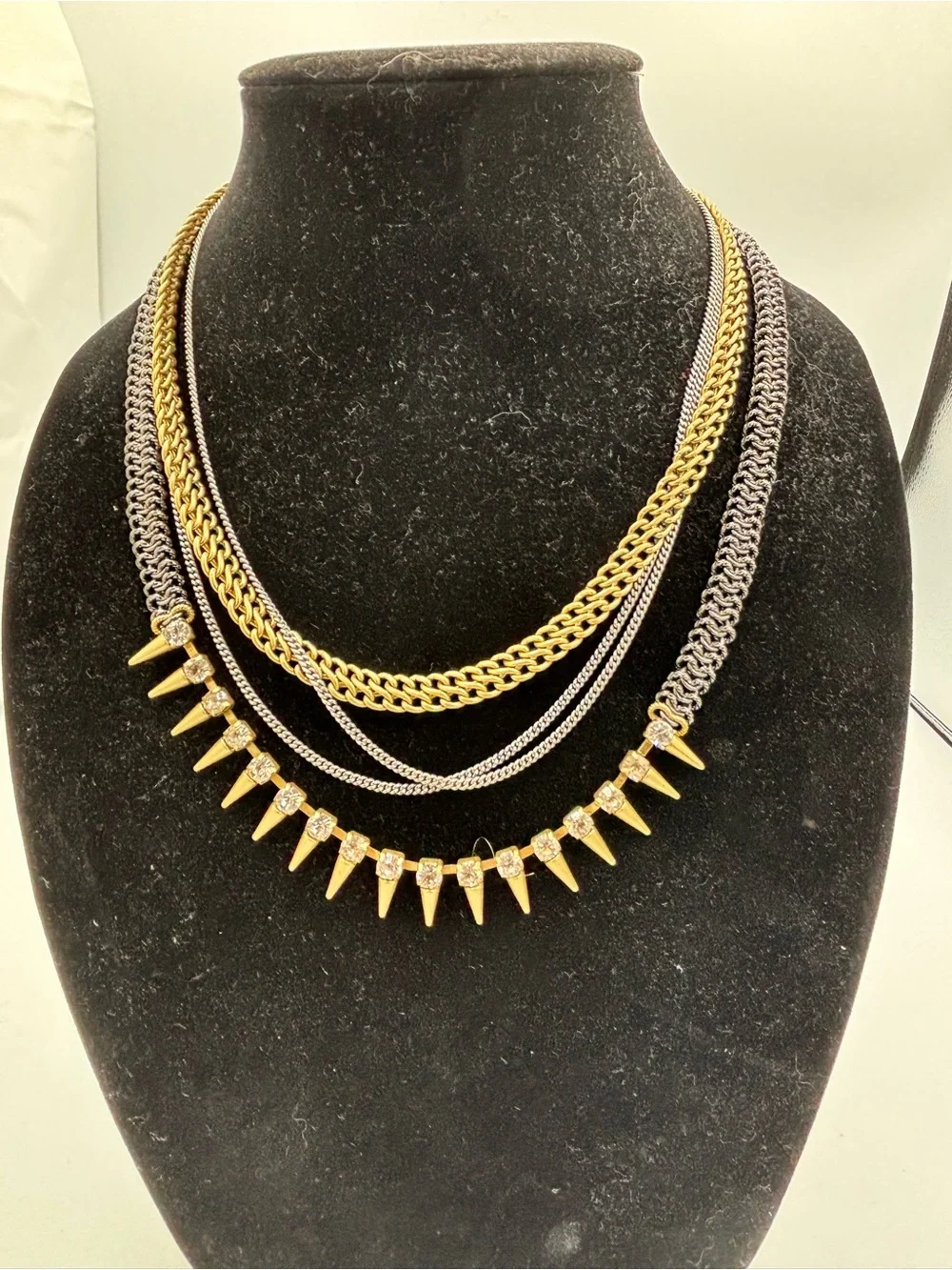Stella & Dot Renegade Statement Necklace Mixed Metal Layered Spike Crystal